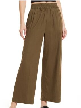 Treasure & Bond Wide-Leg Elastic Waist Women's Linen Pants - Olive